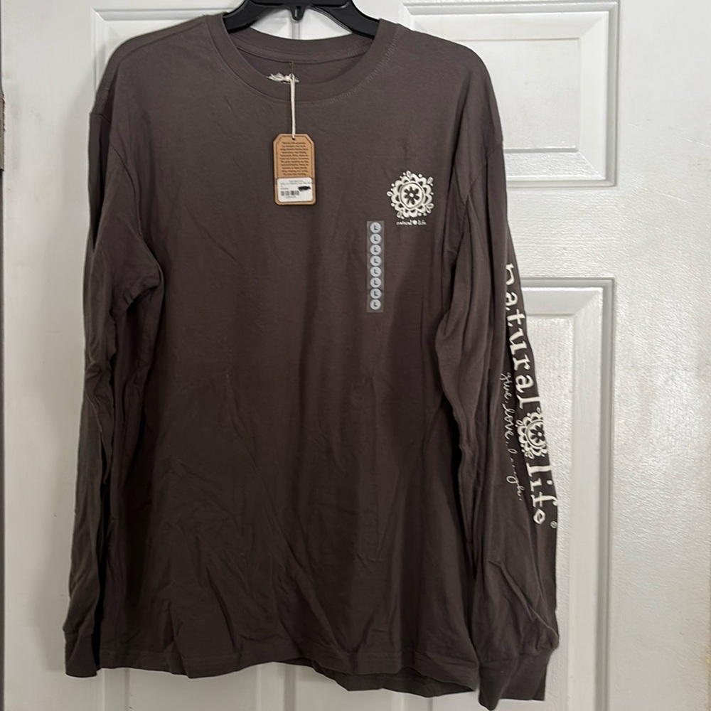 NATURAL LIFE Be Happy long sleeve shirt brown gray Women’s L NWT new